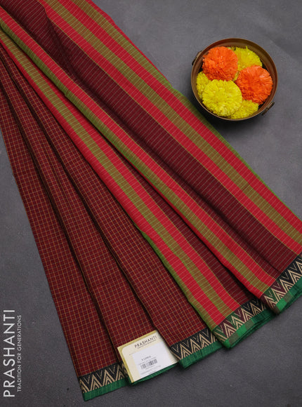 Narayanpet cotton saree maroon and green with allover small thread checked pattern and temple design thread woven border