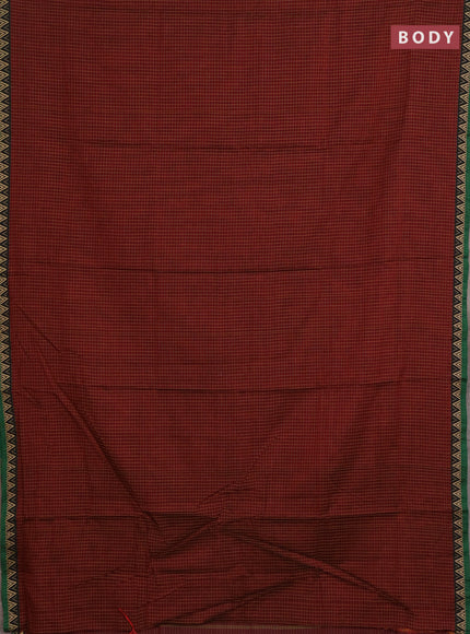 Narayanpet cotton saree maroon and green with allover small thread checked pattern and temple design thread woven border