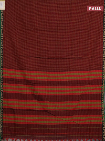 Narayanpet cotton saree maroon and green with allover small thread checked pattern and temple design thread woven border
