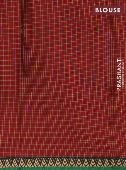 Narayanpet cotton saree maroon and green with allover small thread checked pattern and temple design thread woven border