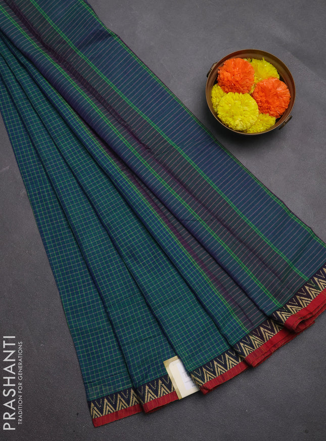 Narayanpet cotton saree dual shade of bluish green and maroon with allover small thread checked pattern and temple design thread woven border