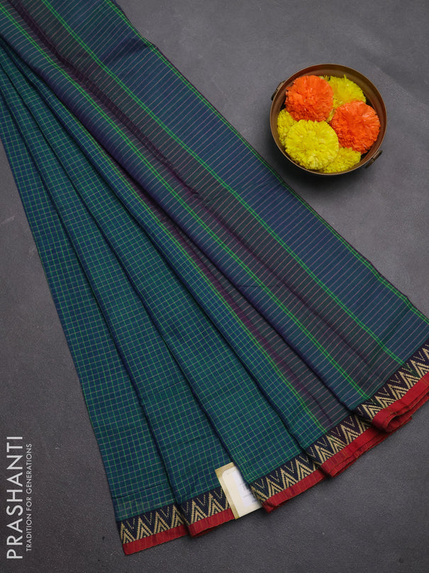 Narayanpet cotton saree dual shade of bluish green and maroon with allover small thread checked pattern and temple design thread woven border