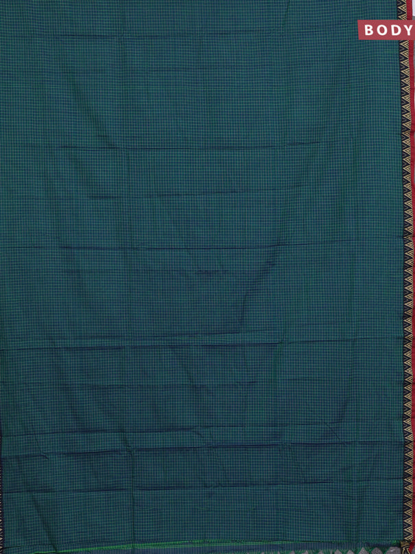 Narayanpet cotton saree dual shade of bluish green and maroon with allover small thread checked pattern and temple design thread woven border
