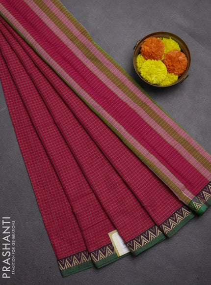 Narayanpet cotton saree pink and green with allover small thread checked pattern and temple design thread woven border