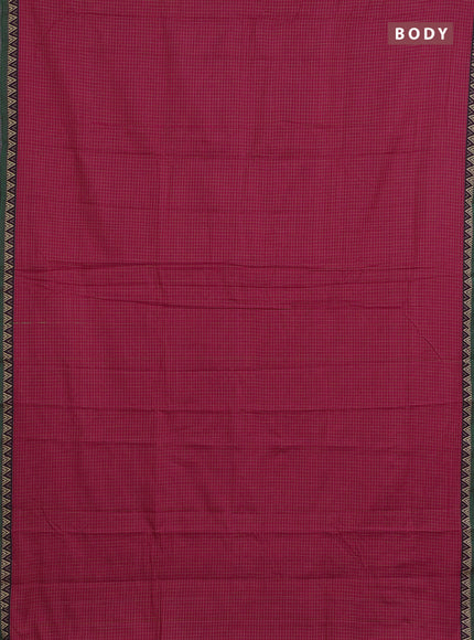 Narayanpet cotton saree pink and green with allover small thread checked pattern and temple design thread woven border