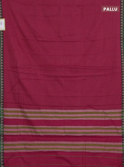 Narayanpet cotton saree pink and green with allover small thread checked pattern and temple design thread woven border