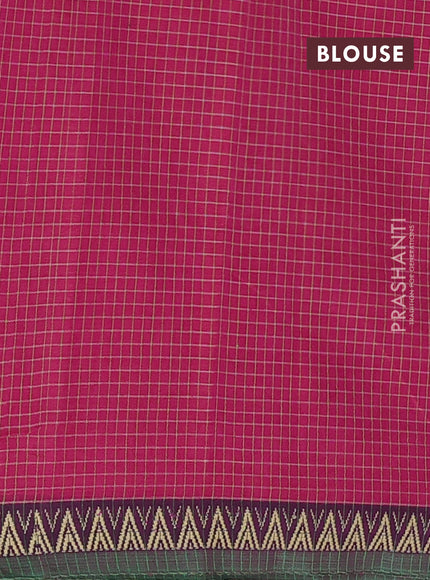 Narayanpet cotton saree pink and green with allover small thread checked pattern and temple design thread woven border