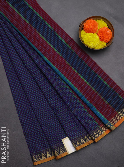 Narayanpet cotton saree violet and mustard yellow with allover small thread checked pattern and temple design thread woven border