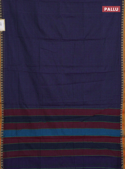 Narayanpet cotton saree violet and mustard yellow with allover small thread checked pattern and temple design thread woven border