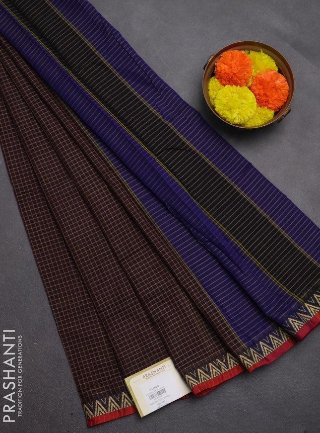 Narayanpet cotton saree deep wine and maroon with allover small thread checked pattern and temple design thread woven border