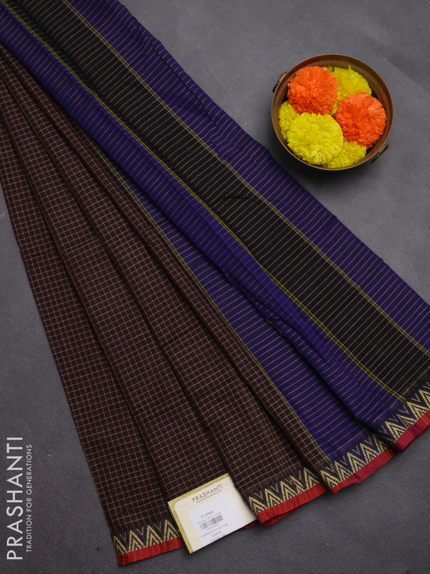 Narayanpet cotton saree deep wine and maroon with allover small thread checked pattern and temple design thread woven border
