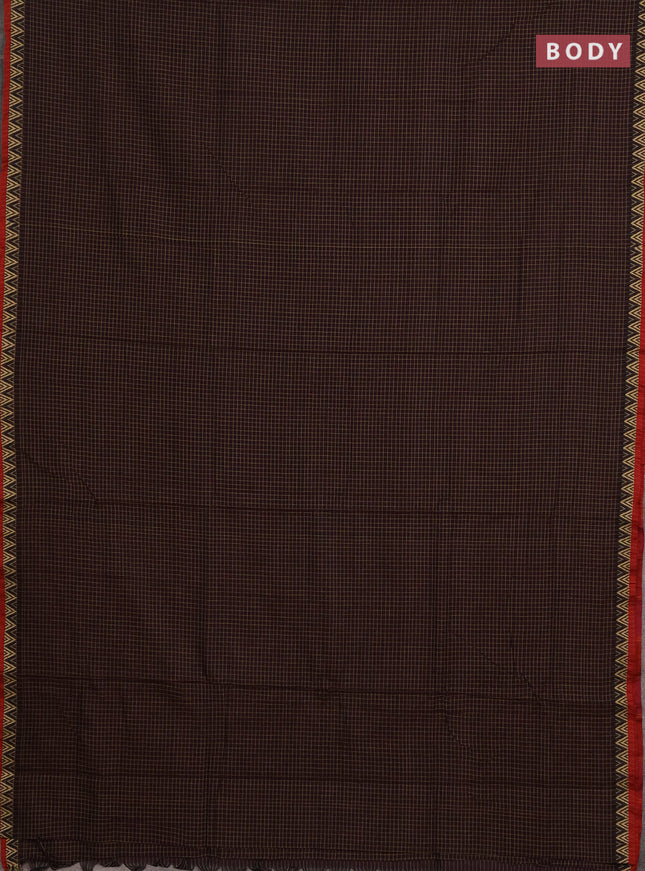 Narayanpet cotton saree deep wine and maroon with allover small thread checked pattern and temple design thread woven border