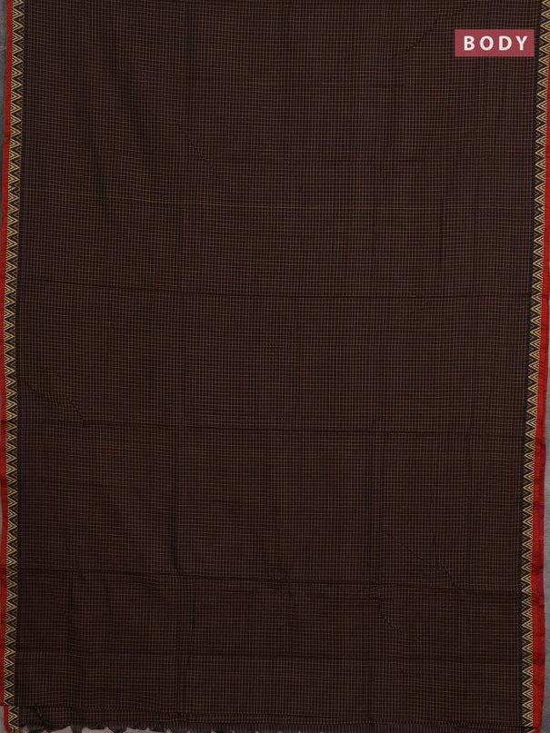 Narayanpet cotton saree deep wine and maroon with allover small thread checked pattern and temple design thread woven border