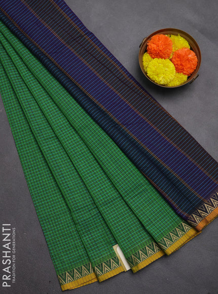 Narayanpet cotton saree light green and yellow with allover small thread checked pattern and temple design thread woven border
