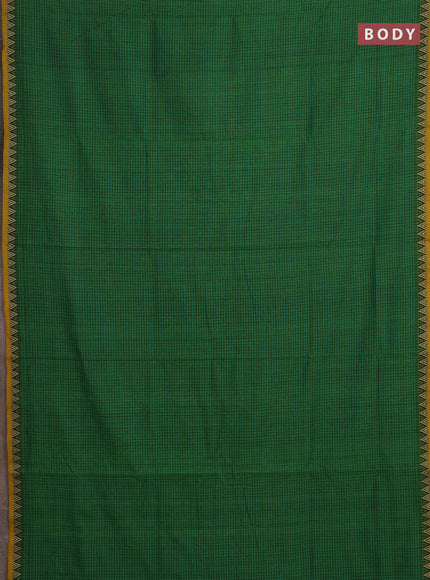 Narayanpet cotton saree light green and yellow with allover small thread checked pattern and temple design thread woven border