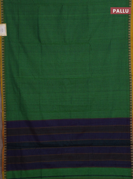 Narayanpet cotton saree light green and yellow with allover small thread checked pattern and temple design thread woven border