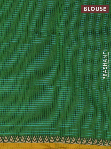 Narayanpet cotton saree light green and yellow with allover small thread checked pattern and temple design thread woven border
