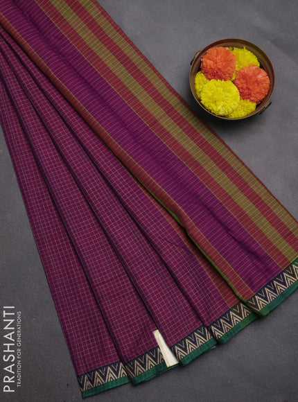 Narayanpet cotton saree magenta pink and violet green with allover small thread checked pattern and temple design thread woven border