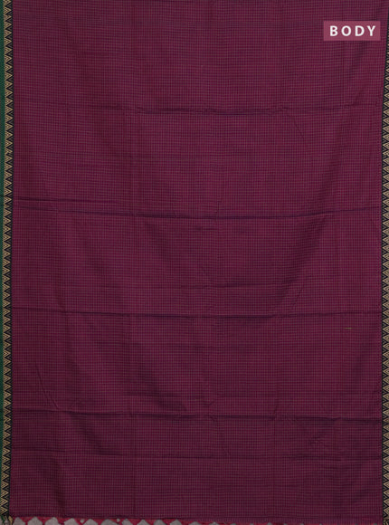 Narayanpet cotton saree magenta pink and violet green with allover small thread checked pattern and temple design thread woven border
