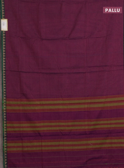 Narayanpet cotton saree magenta pink and violet green with allover small thread checked pattern and temple design thread woven border