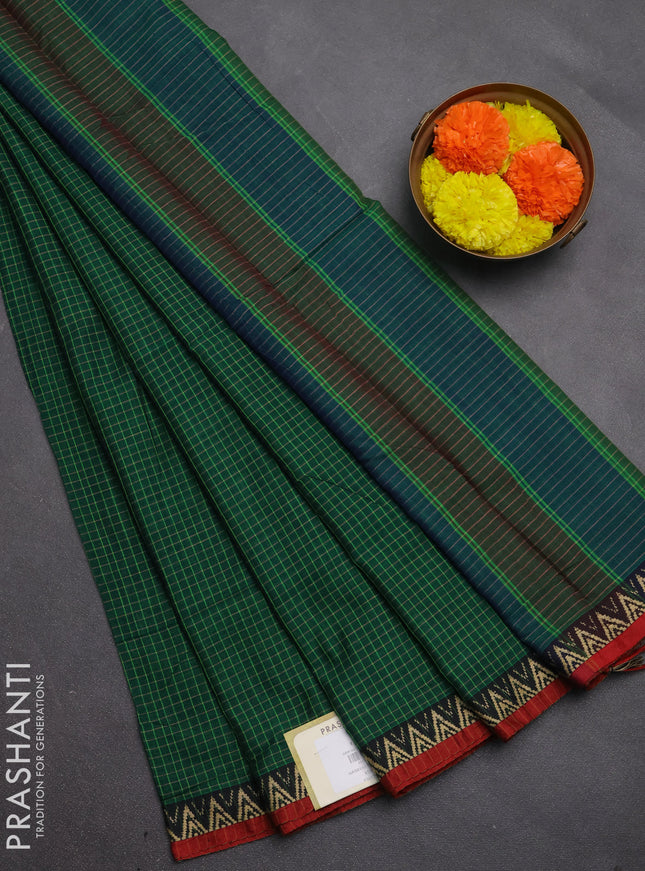 Narayanpet cotton saree green and maroon with allover small thread checked pattern and temple design thread woven border