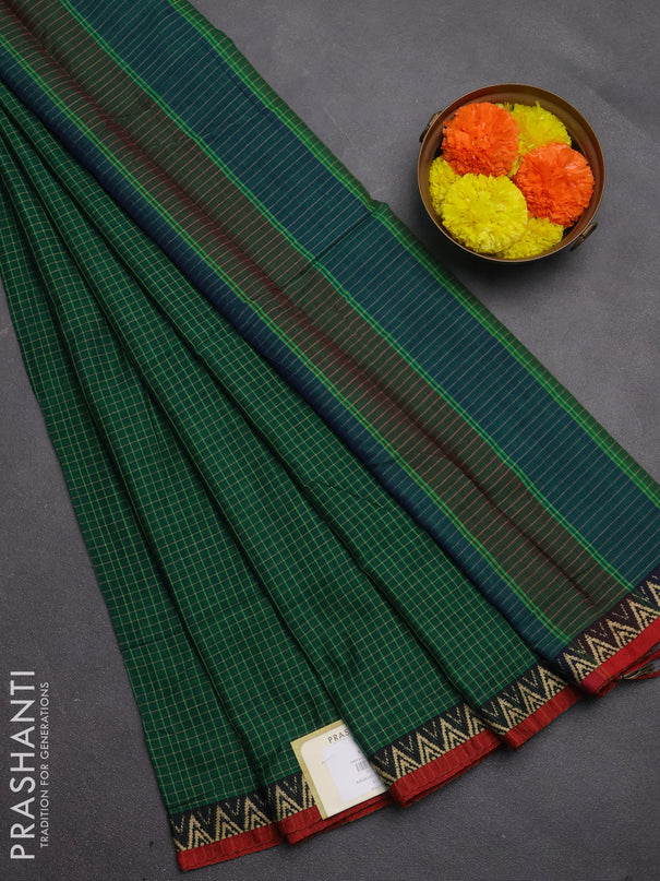 Narayanpet cotton saree green and maroon with allover small thread checked pattern and temple design thread woven border