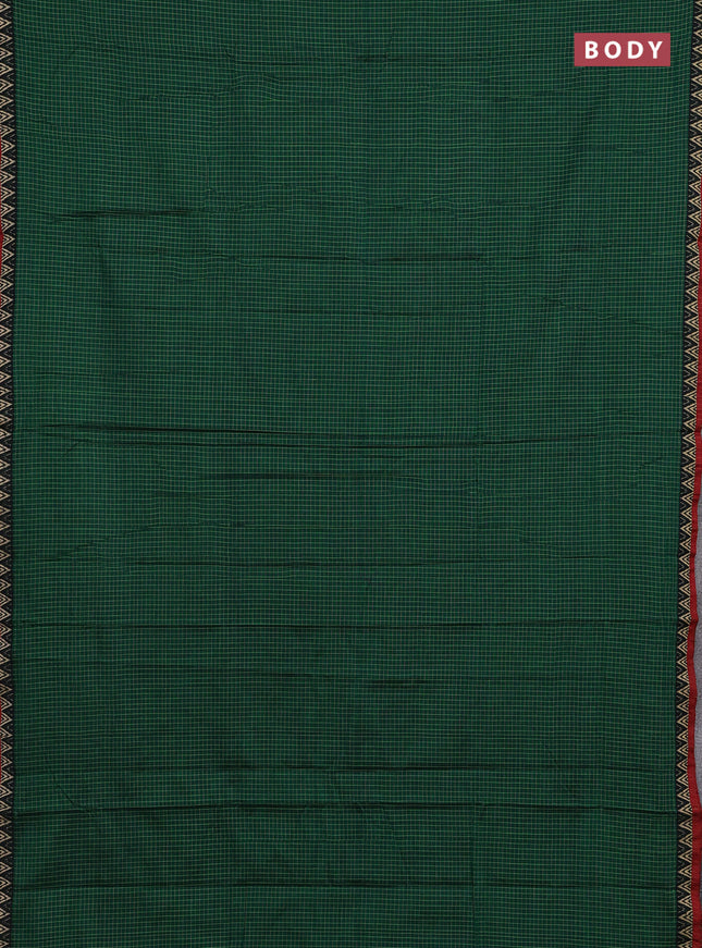 Narayanpet cotton saree green and maroon with allover small thread checked pattern and temple design thread woven border