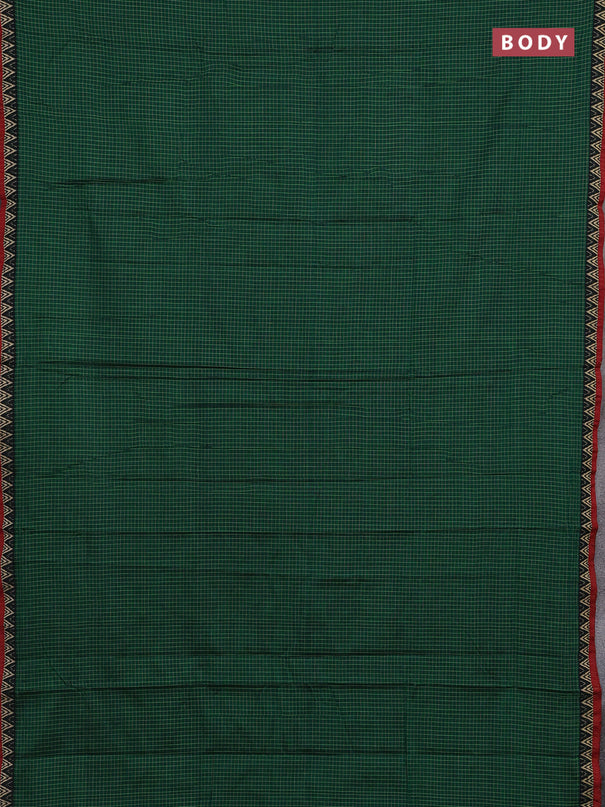 Narayanpet cotton saree green and maroon with allover small thread checked pattern and temple design thread woven border