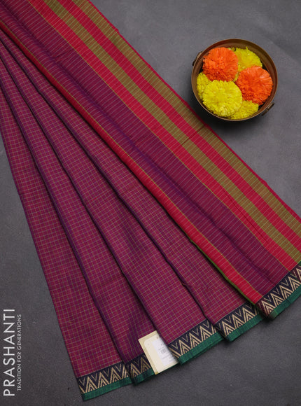 Narayanpet cotton saree magenta pink and violet green with allover small thread checked pattern and temple design thread woven border