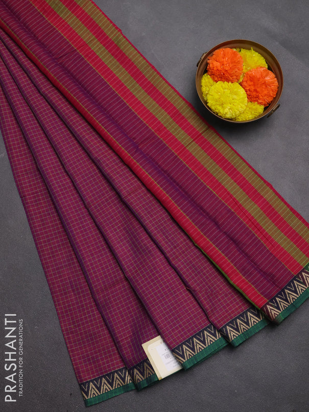 Narayanpet cotton saree magenta pink and violet green with allover small thread checked pattern and temple design thread woven border