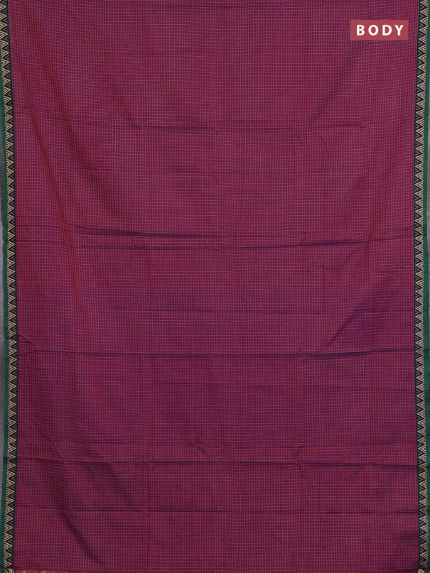 Narayanpet cotton saree magenta pink and violet green with allover small thread checked pattern and temple design thread woven border