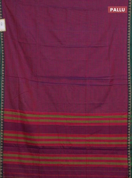 Narayanpet cotton saree magenta pink and violet green with allover small thread checked pattern and temple design thread woven border