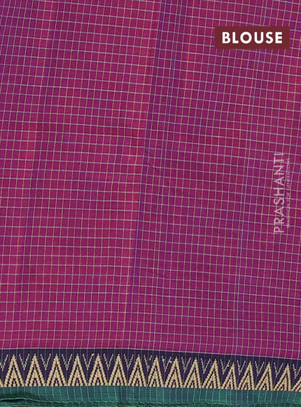 Narayanpet cotton saree magenta pink and violet green with allover small thread checked pattern and temple design thread woven border
