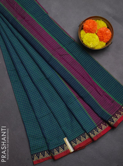 Narayanpet cotton saree dual shade of bluish green and maroon with allover small thread checked pattern and temple design thread woven border