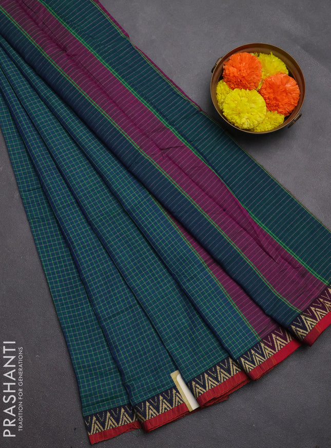 Narayanpet cotton saree dual shade of bluish green and maroon with allover small thread checked pattern and temple design thread woven border