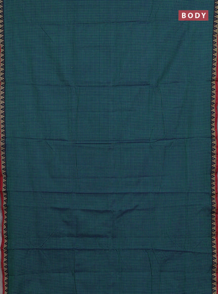 Narayanpet cotton saree dual shade of bluish green and maroon with allover small thread checked pattern and temple design thread woven border