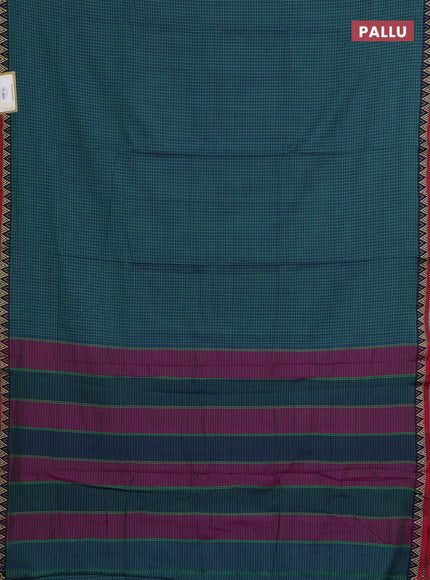 Narayanpet cotton saree dual shade of bluish green and maroon with allover small thread checked pattern and temple design thread woven border
