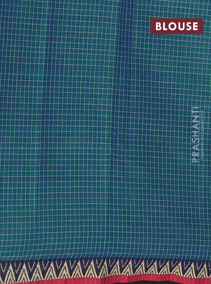 Narayanpet cotton saree dual shade of bluish green and maroon with allover small thread checked pattern and temple design thread woven border