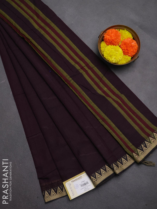 Narayanpet cotton saree deep wine with plain body and temple design thread woven border
