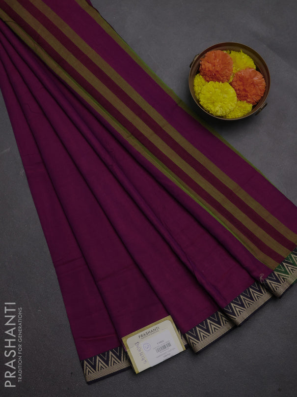 Narayanpet cotton saree magenta pink and deep violet with plain body and temple design thread woven border