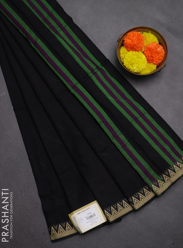 Narayanpet cotton saree black with plain body and temple design thread woven border