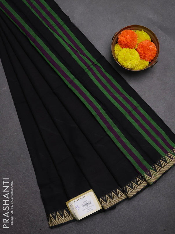 Narayanpet cotton saree black with plain body and temple design thread woven border