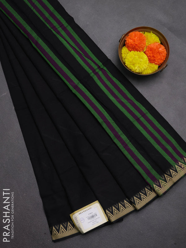 Narayanpet cotton saree black with plain body and temple design thread woven border