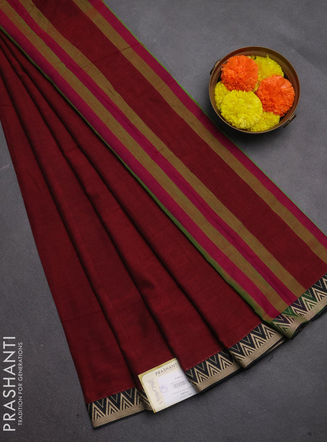 Narayanpet cotton saree maroon and black with plain body and temple design thread woven border