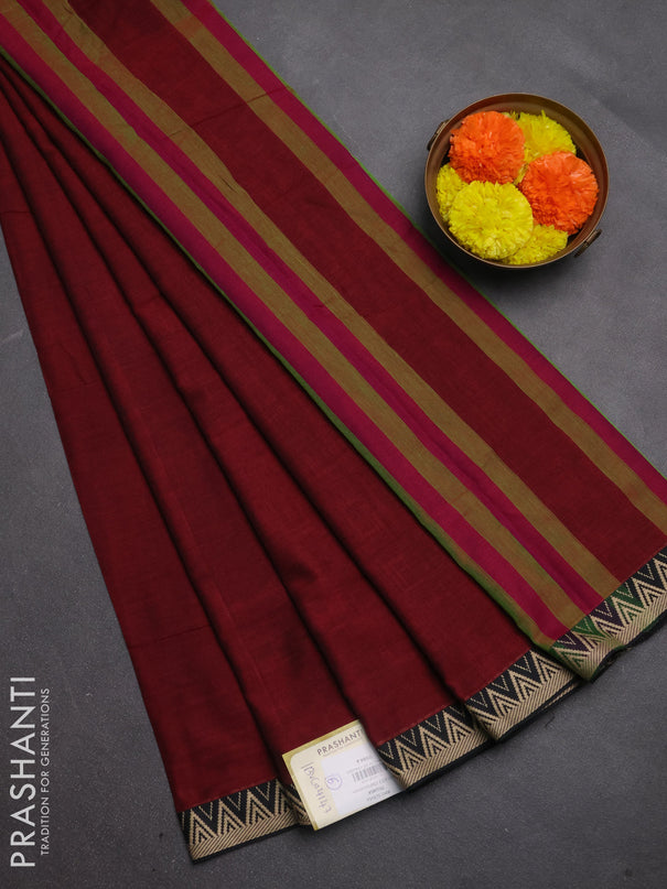 Narayanpet cotton saree maroon and black with plain body and temple design thread woven border