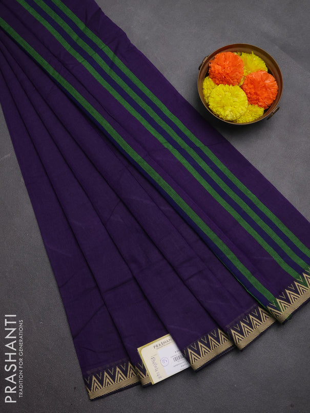 Narayanpet cotton saree violet with plain body and temple design thread woven border