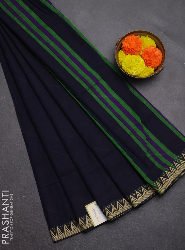 Narayanpet cotton saree navy blue with plain body and temple design thread woven border