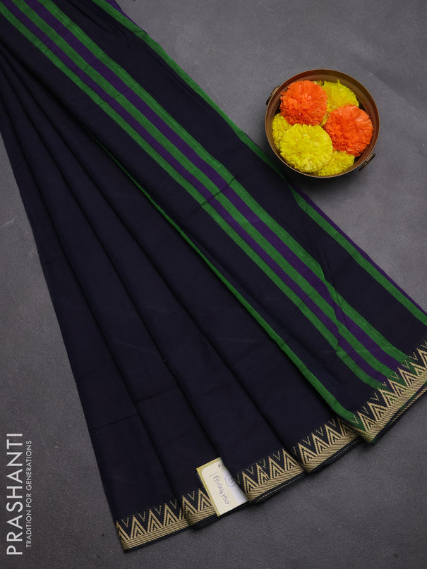 Narayanpet cotton saree navy blue with plain body and temple design thread woven border