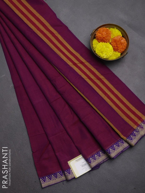 Narayanpet cotton saree magenta pink and purple with plain body and temple design thread woven border