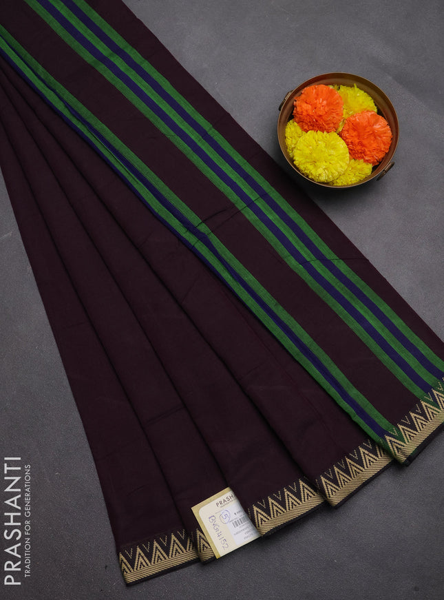 Narayanpet cotton saree deep wine with plain body and temple design thread woven border